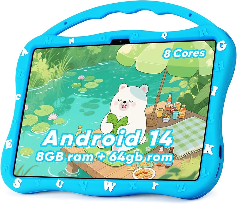 MengDash Kids Tablet, 10.1 inch Tablet for Kids 3-10, Educational Learning Toddler Tablet Android 14, 8(4+4) GB RAM+64GB ROM Storage, 5G WiFi, Baby Girl boy Gift (Blue) - Image 1